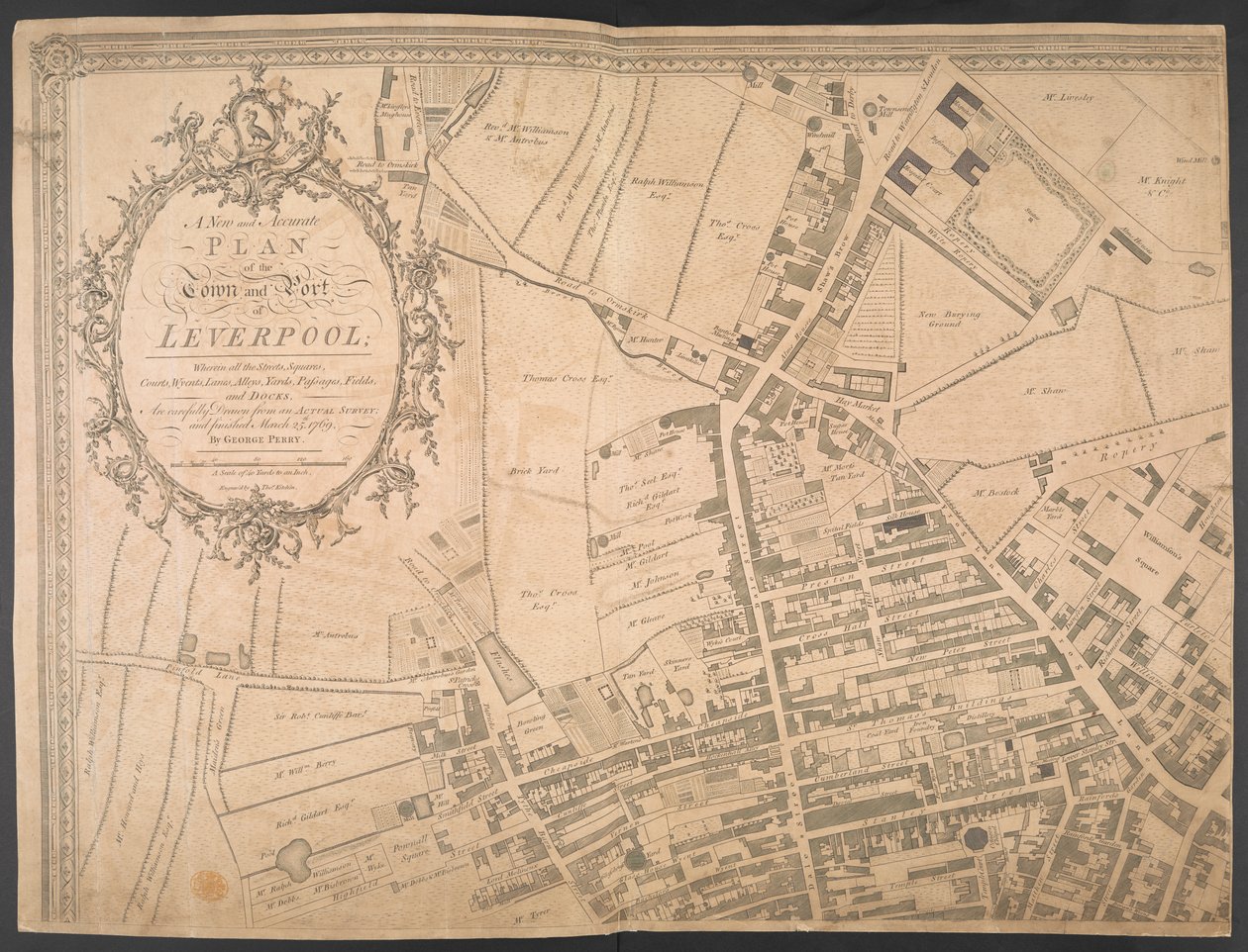 "Den nya och exakta planen för staden och hamnen i Leverpool", från en undersökning, graverad av Thomas Kitchin av George (after) Perry