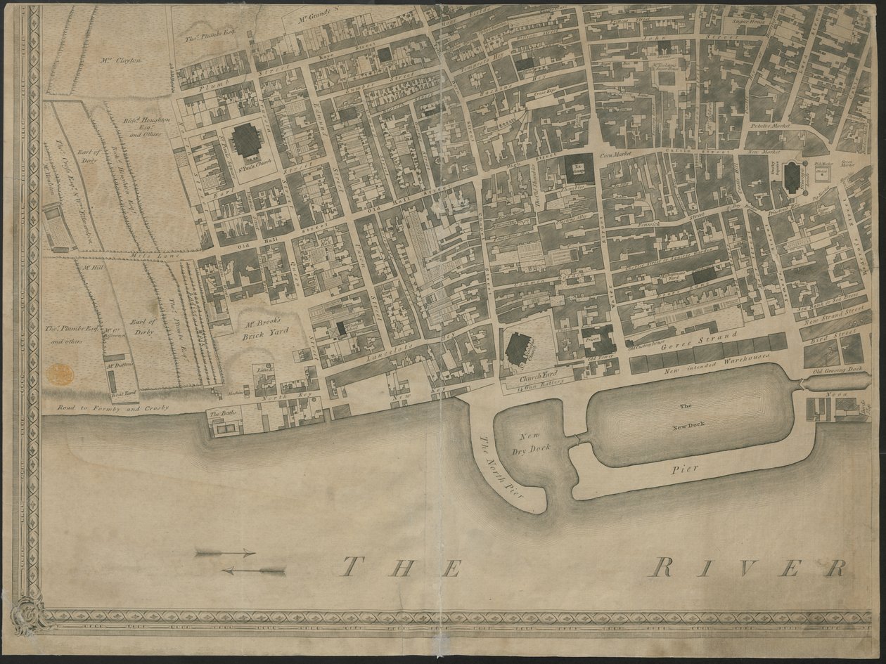 "Den nya och exakta planen för staden och hamnen i Leverpool", från en undersökning, graverad av Thomas Kitchin av George (after) Perry