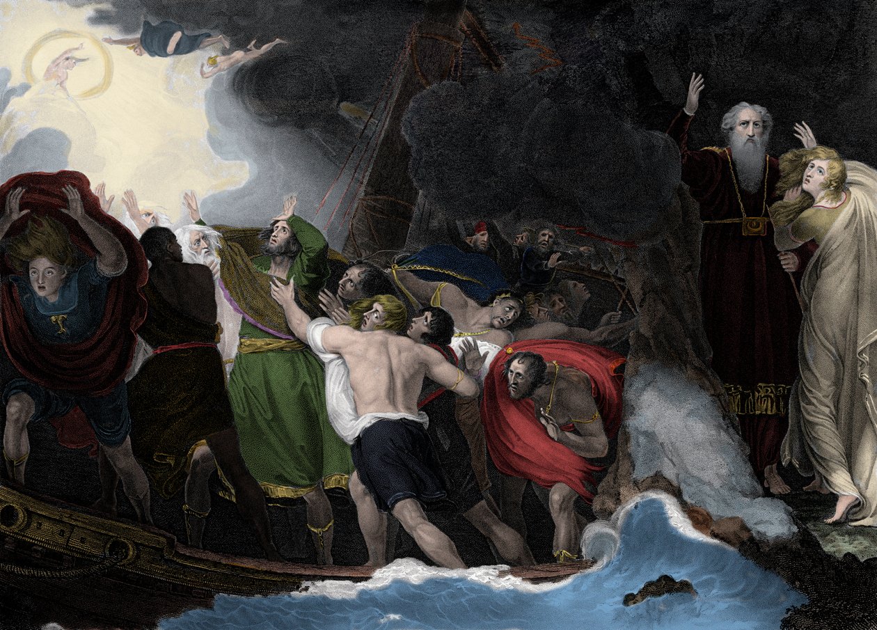 Prospero och Miranda, till höger, står på ön när sjömännen är skeppsbrutna av George (after) Romney