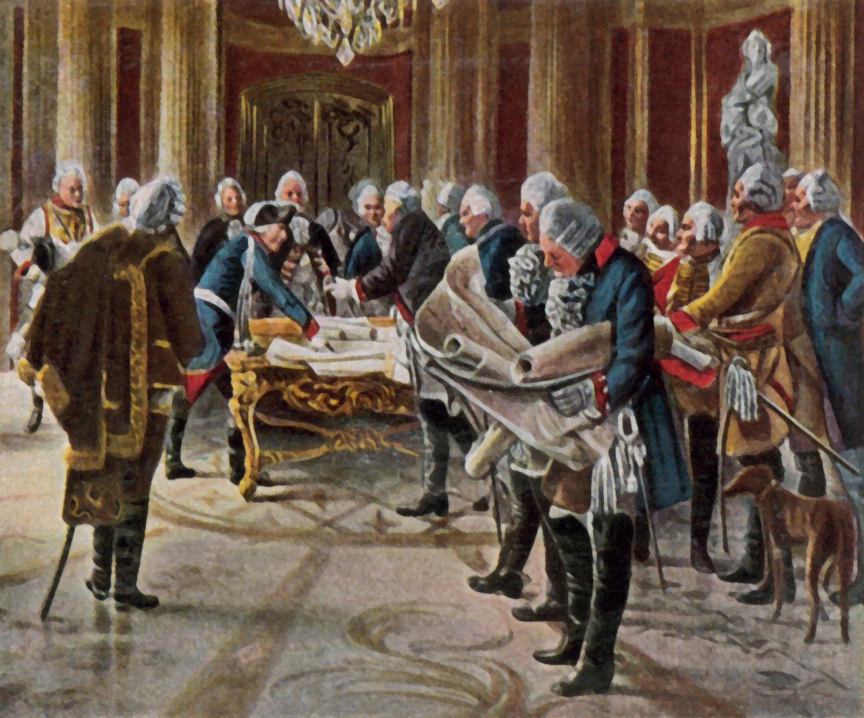 Fredrik den store håller krigsråd med sina generaler, augusti 1756 (förstärkt färglitografi) av George (after) Schobel
