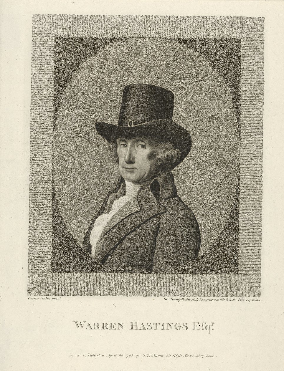 Porträtt av Warren Hastings, Esq., pub. 1795 (gravyr) av George (after) Stubbs