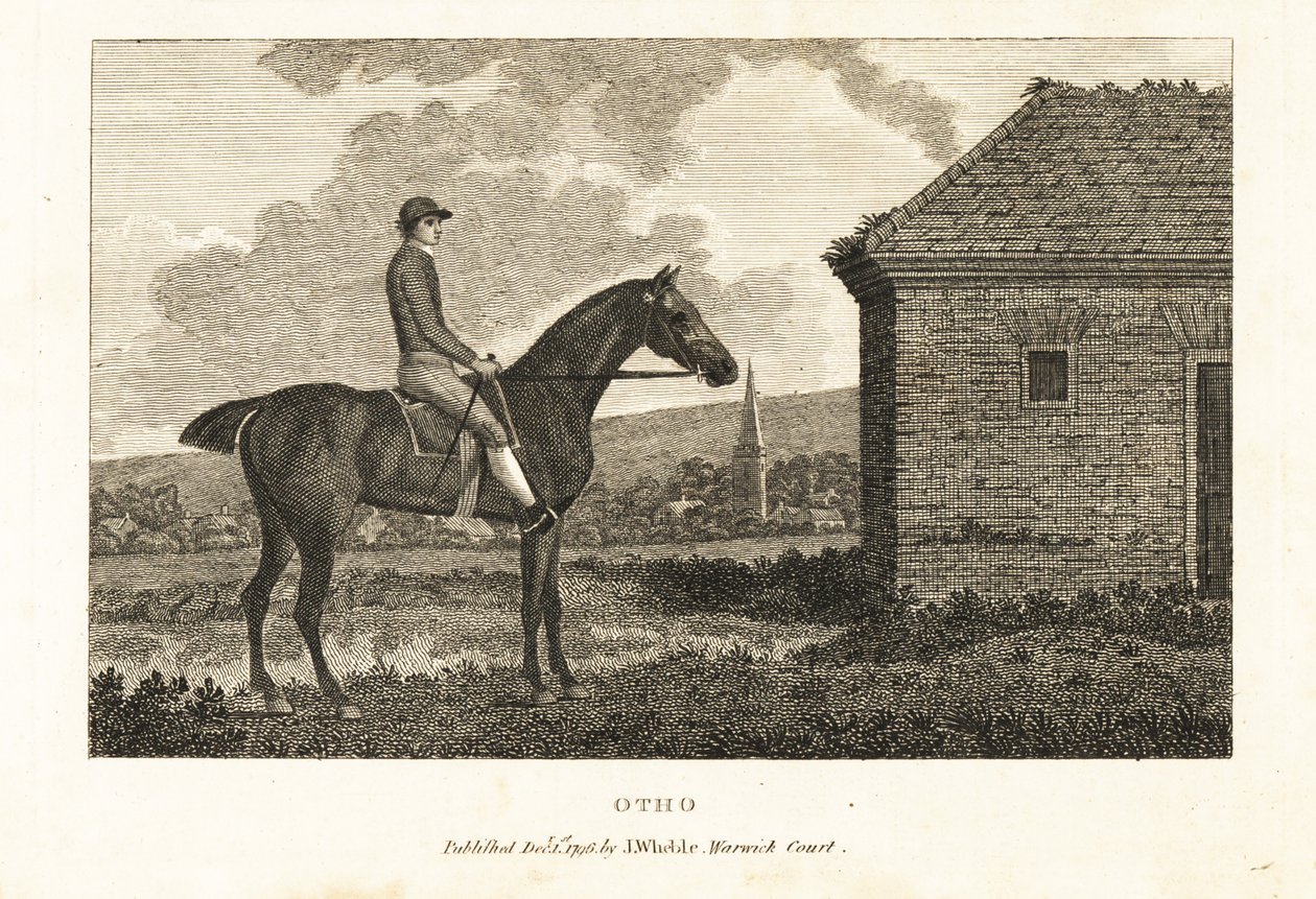 Porträtt av fullblods tävlingshästen Otho av George (after) Stubbs