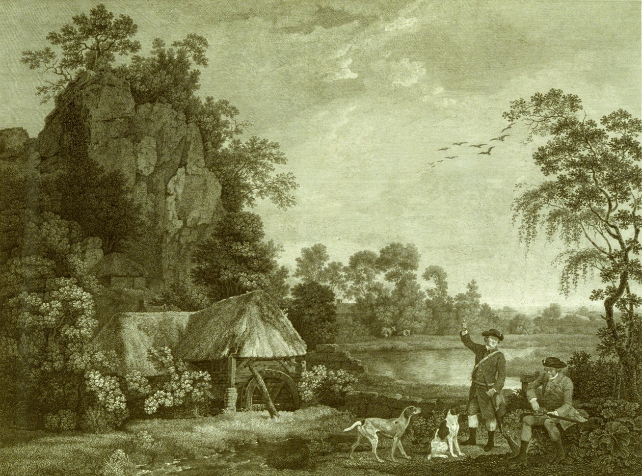 Två herrar som ska skjuta, med utsikt över Creswell Crags, tagna på plats, skylt 1 (gravyr) av George (after) Stubbs