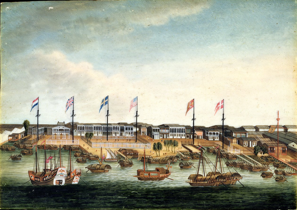 Hongs i Kanton, före 1820 (olja på elfenben) av George (follower of) Chinnery