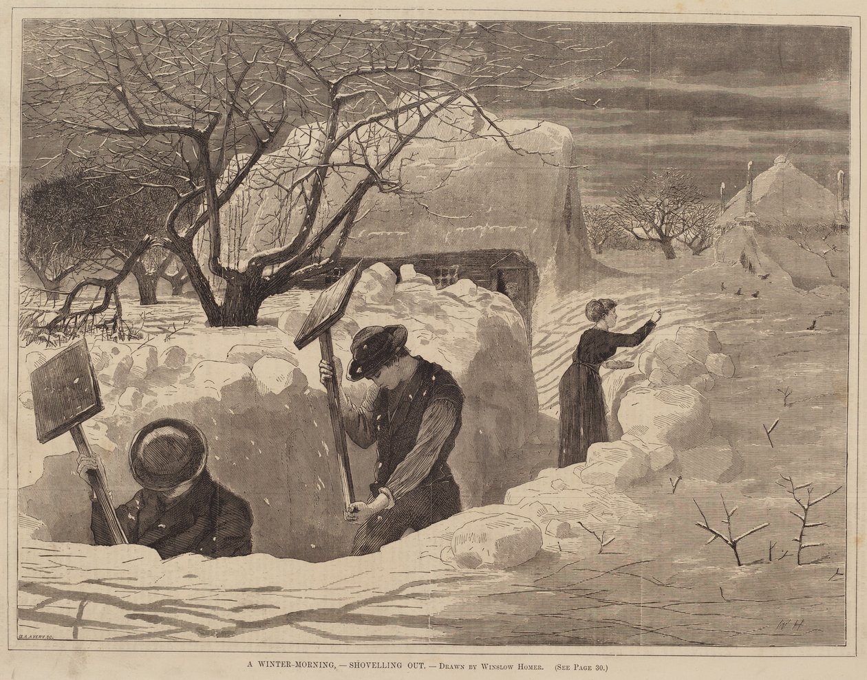A Winter-Morning, - Shoveling Out, publicerad 1871. av George A. Avery
