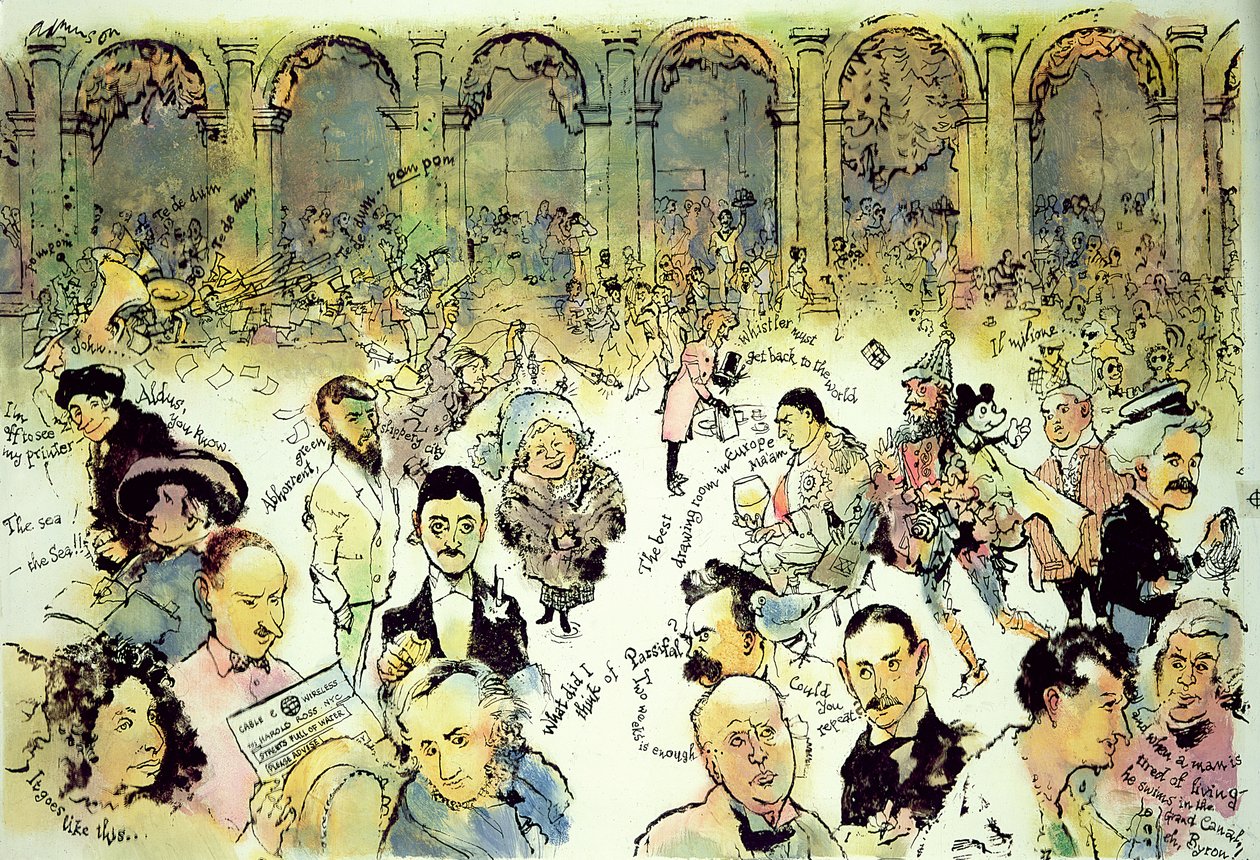 Kända ansikten utanför Florians på Piazza San Marco, Venedig, ca 1990 (gouache på hardboard med bläck på acetatöverlägg) av George Adamson
