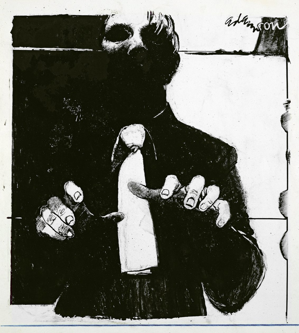 Illustration för Nursing a Blind Patient en artikel i Nursing Times, publicerad 30 oktober 1975 (bläck på acetat) av George Adamson