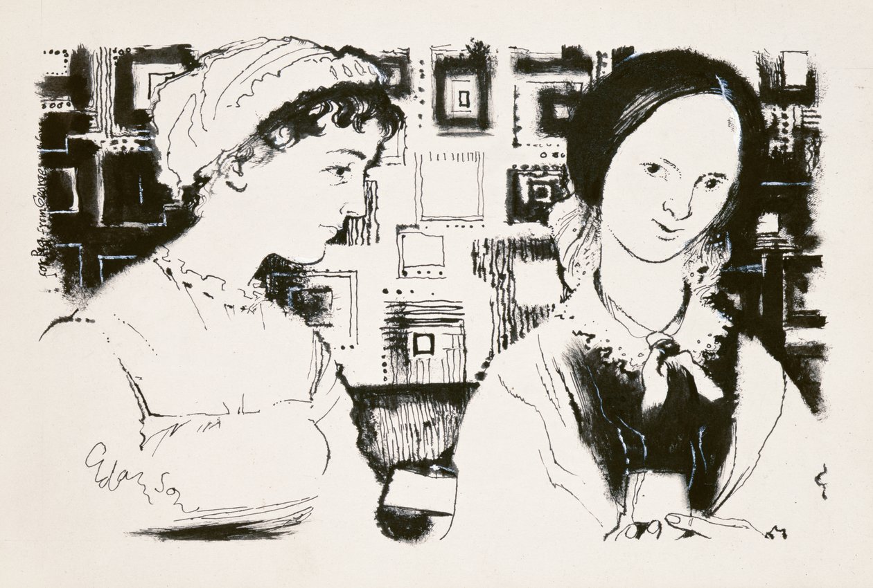 Jane Austen (1775-1817) och Charlotte Bronte (1816-55) - ett imaginärt möte (indisk bläck ombord) av George Adamson