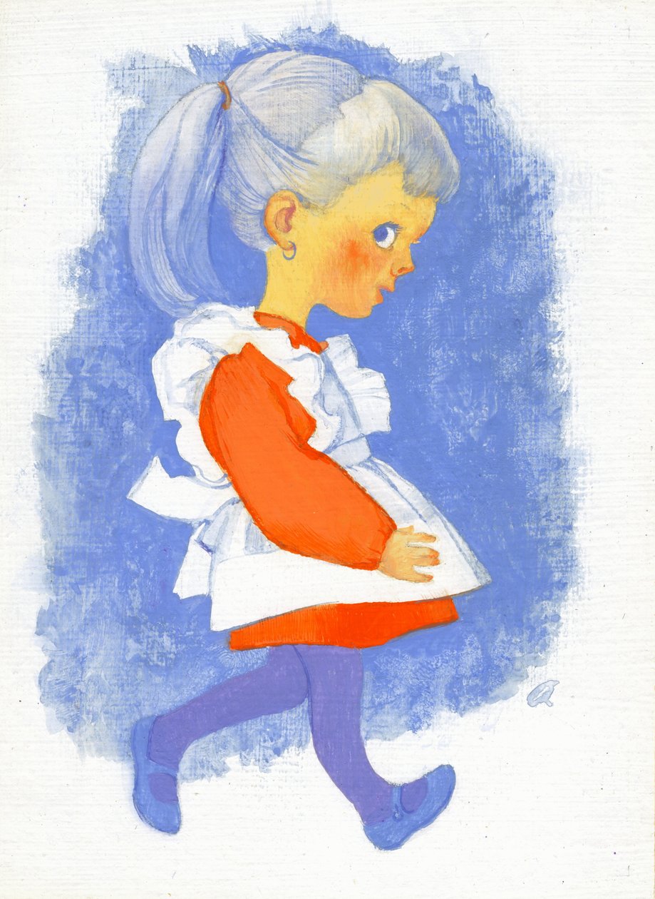 Liten flicka med förkläde, 1970-tal (gouache på gessoed hardboard) av George Adamson