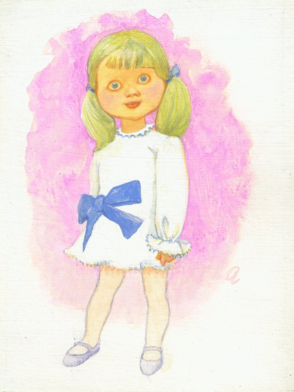 Little Girl with Bow, 1970-tal (gouache på gessoed hardboard) av George Adamson
