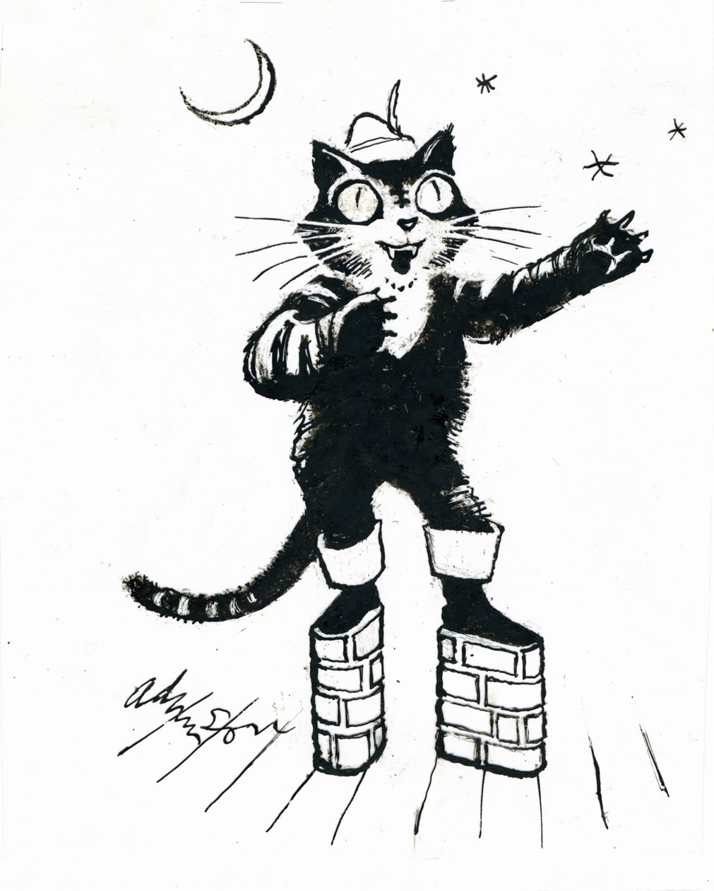 Puss in (tegelväggplattform) stövlar (bläck på genomskinlighet över vitt kort) av George Adamson