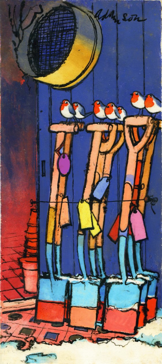 Robins and Spades, 1970-talet (indisk bläck på transparens över gouache på kort) av George Adamson