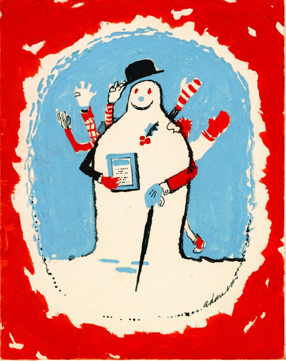 Snögubbe med många armar, 1970-tal (gouache på kort) av George Adamson