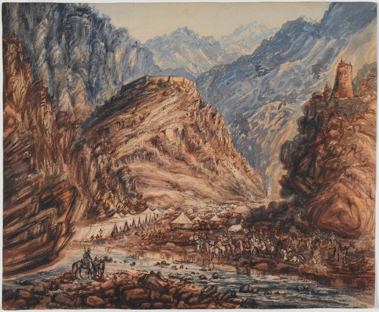 Fort of Ali Musjeed, Khyber Pass Camp av 4:e brigaden av generalmajor Pollocks styrka, april 1842 (akvarell) av George Alfred Croly