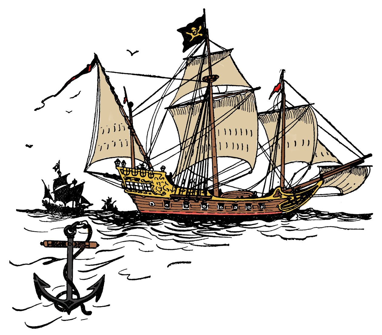 Ett piratskepp utanför Turtle Island i Karibiska havet Illustration från "The boy