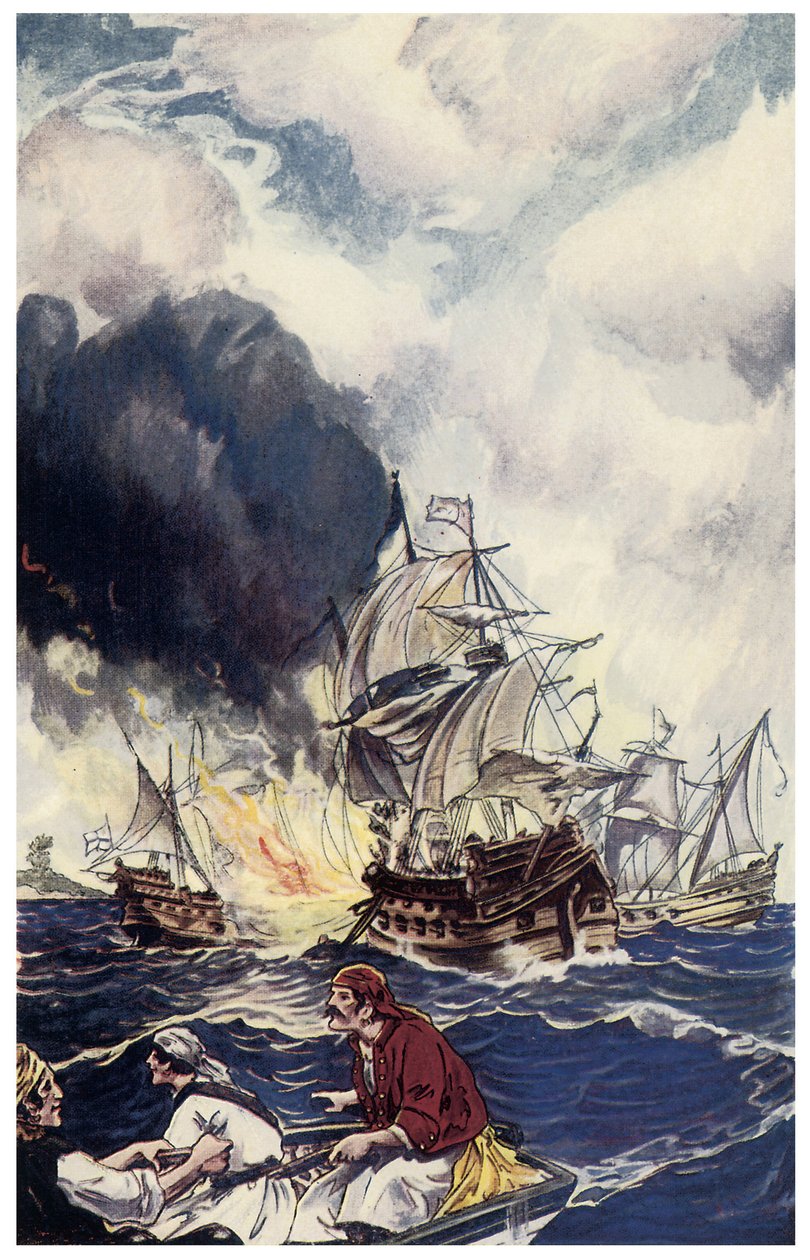 Brulot laddning av sprängämnen kastar mot ett fartyg Illustration från "" Pirates of Panama or The Buccaneers of America"" av George Albert Williams (1875-1932) 1914 av George Alfred Williams