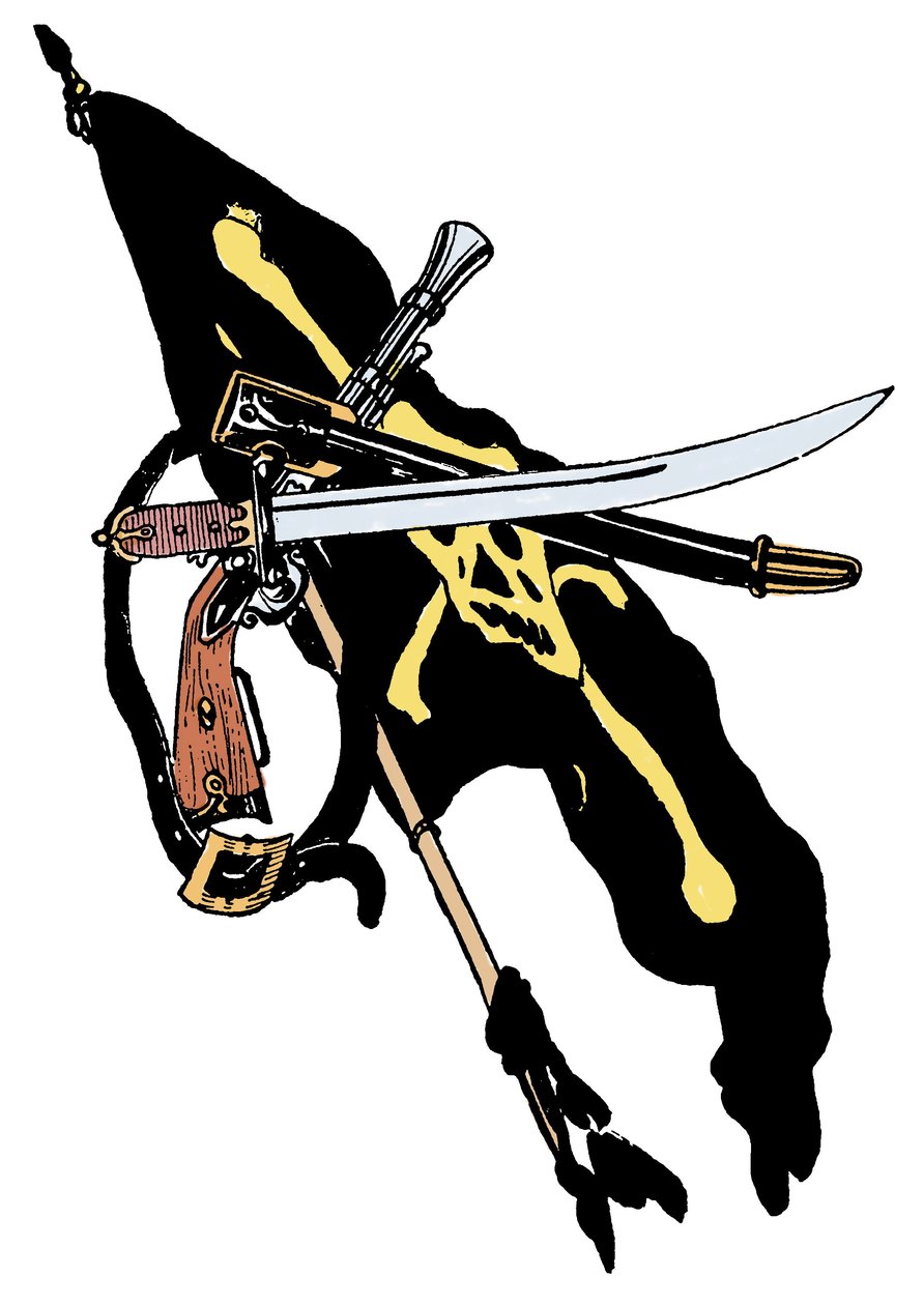 Piratpaviljong dekorerad skalle, sabelillustration från "The Boy