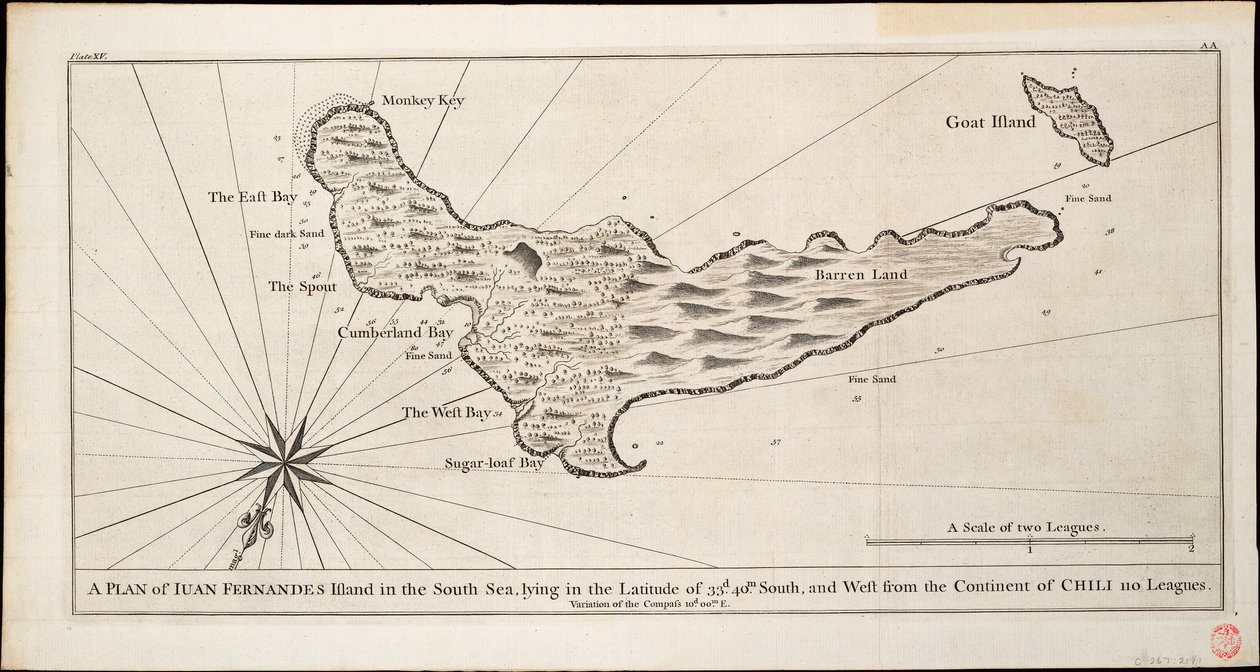 En plan över ön Iuan Fernandes i Söderhavet, belägen på latitud 33d. 40 m. söderut och västerut från kontinenten Chili 110 mil, ca 1750 (gravyr) av George Anson