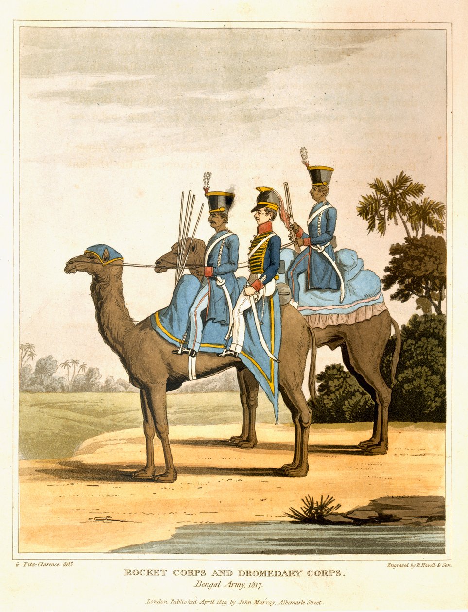 Raketkår och Dromedarkår, Bengalarmén 1817, från "Journal of a Route Across India and Through Egypt", graverad av R. Havell och Son, pub. av John Murray, 1819 av George Augustus Fitzclarence