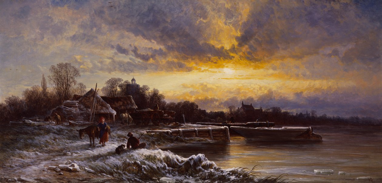 Ett vinterlandskap, kväll (olja på duk) av George Augustus Williams