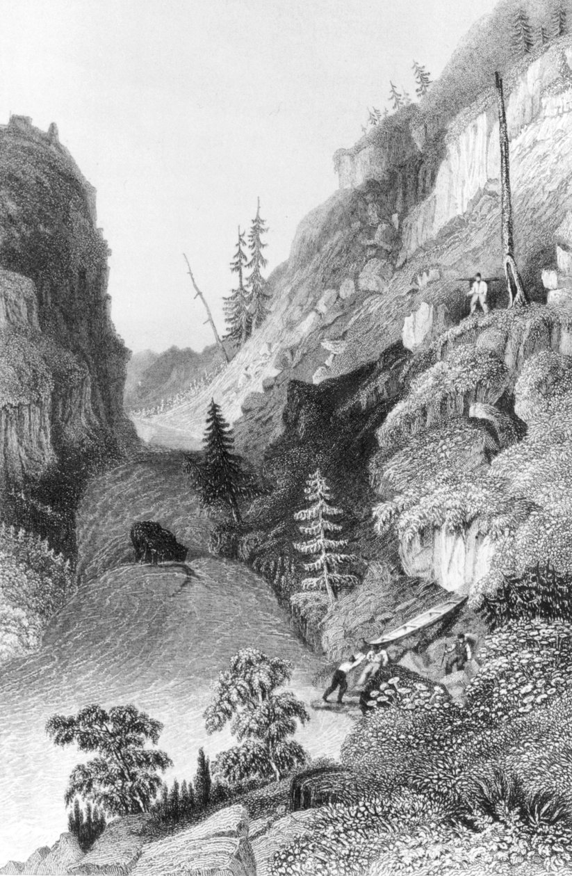 En portage i Rimfrostfloden, från "Berättelsen om den arktiska landexpeditionen till mynningen av den stora fiskfloden" graverad av Edward Finden (1791-1857) publicerad 1836 av George Back