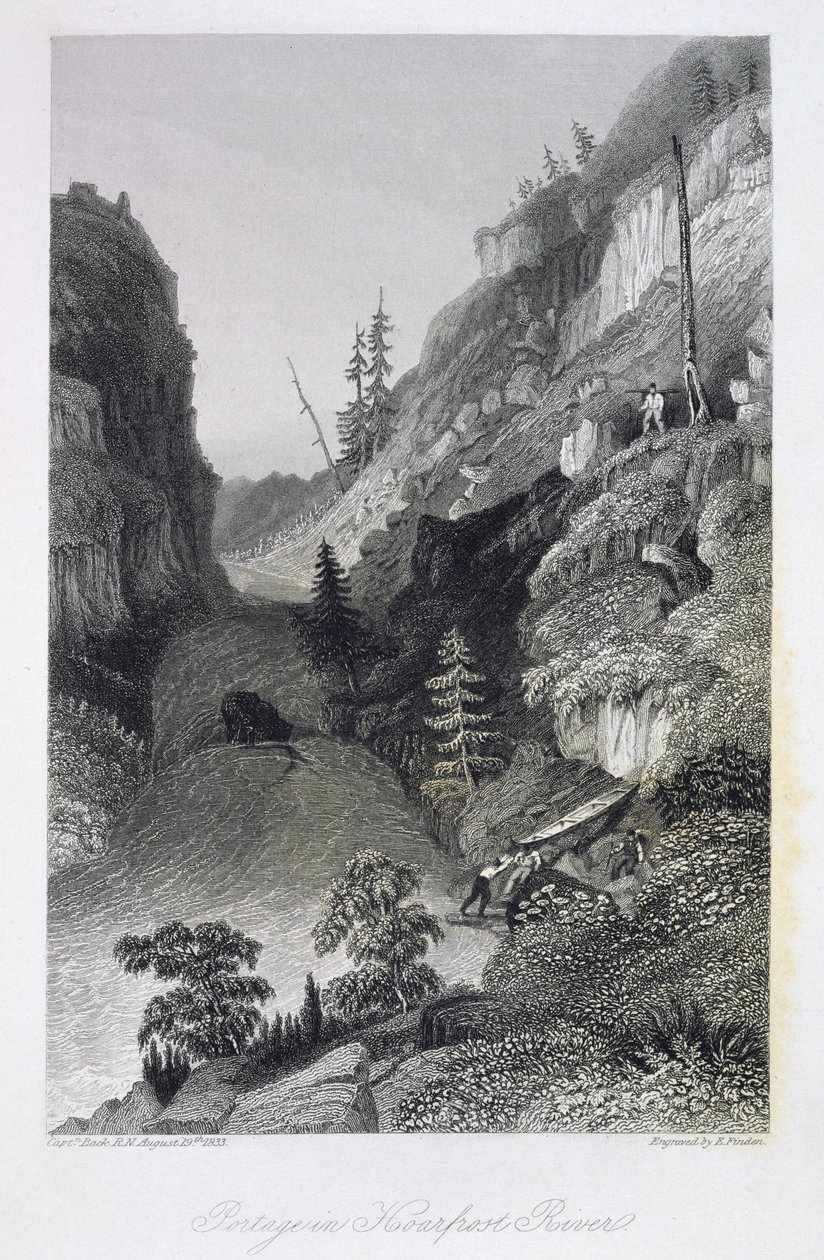 Portage i Rimfrostfloden, 19 augusti 1833, från "Berättelsen om den arktiska landexpeditionen till mynningen av den stora fiskfloden och längs kusterna av Ishavet under åren 1833-35", av Cap av George Back