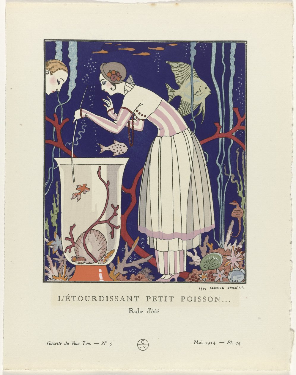 Gazette du Bon Ton, 1914 - nr 5, pl. 44: Den fantastiska lilla fisken (...) / Sommarklänning (titel på objektet) av George Barbier