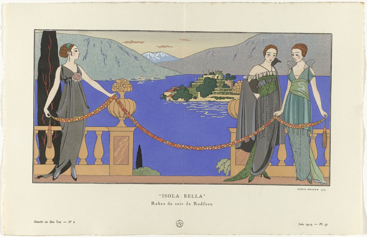 Gazette du Bon Ton, 1914 - Nr 6, Pl. 57: Isola Bella/ Aftonklänningar av Redfern (titel på objektet) av George Barbier