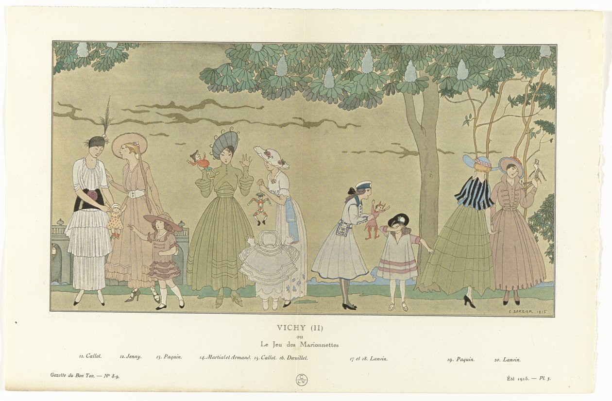 Gazette du Bon Ton, sommaren 1915 - nr 8-9, pl. 3: Vichy (II) / eller / Le Jeu des Marionnettes (titel på objekt) av George Barbier