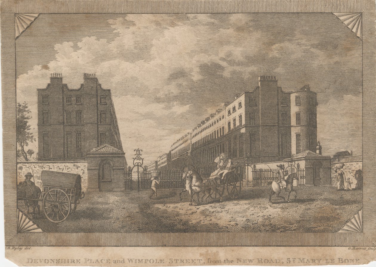 Devonshire Place och Wimpole Street, från New Road, St. Mary Le Bone av George Barret