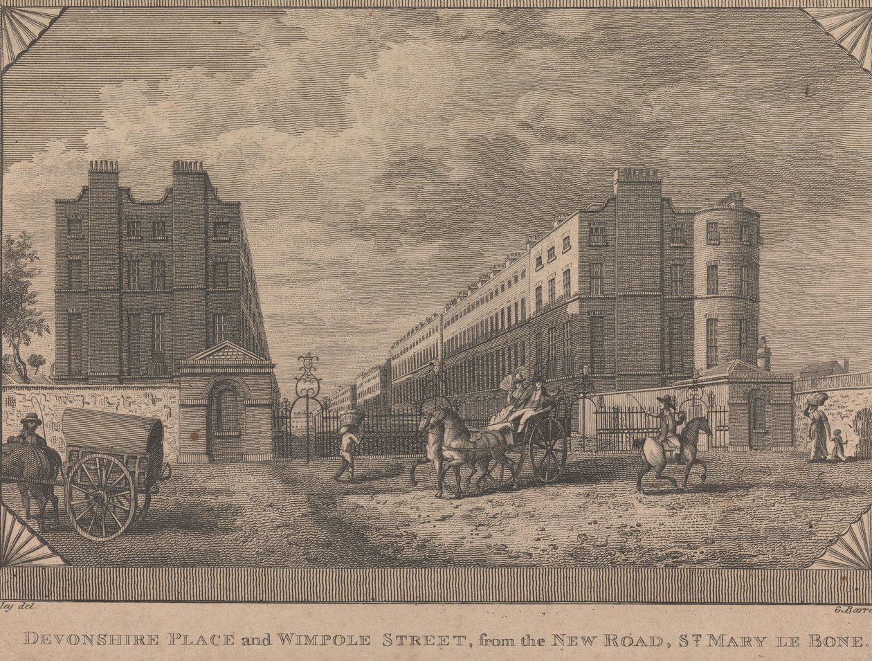 Devonshire Place och Wimpole Street, från New Road, St. Mary le Bone av George Barret
