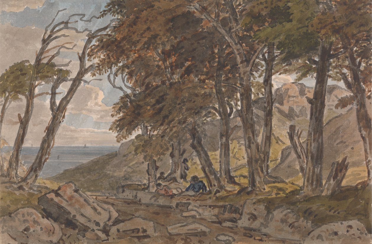 Figurer på stranden av en trädbevuxen gränd, med havet i avstånd till vänster av George Barret Jr.