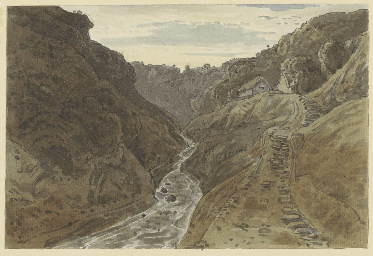Floddal och bergsväg som leder till två hus av George Barret jr. (possibly)