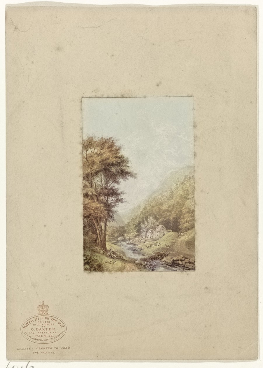Kuperat landskap med en bäck Water Mill on the Wye (titel på objekt) av George Baxter