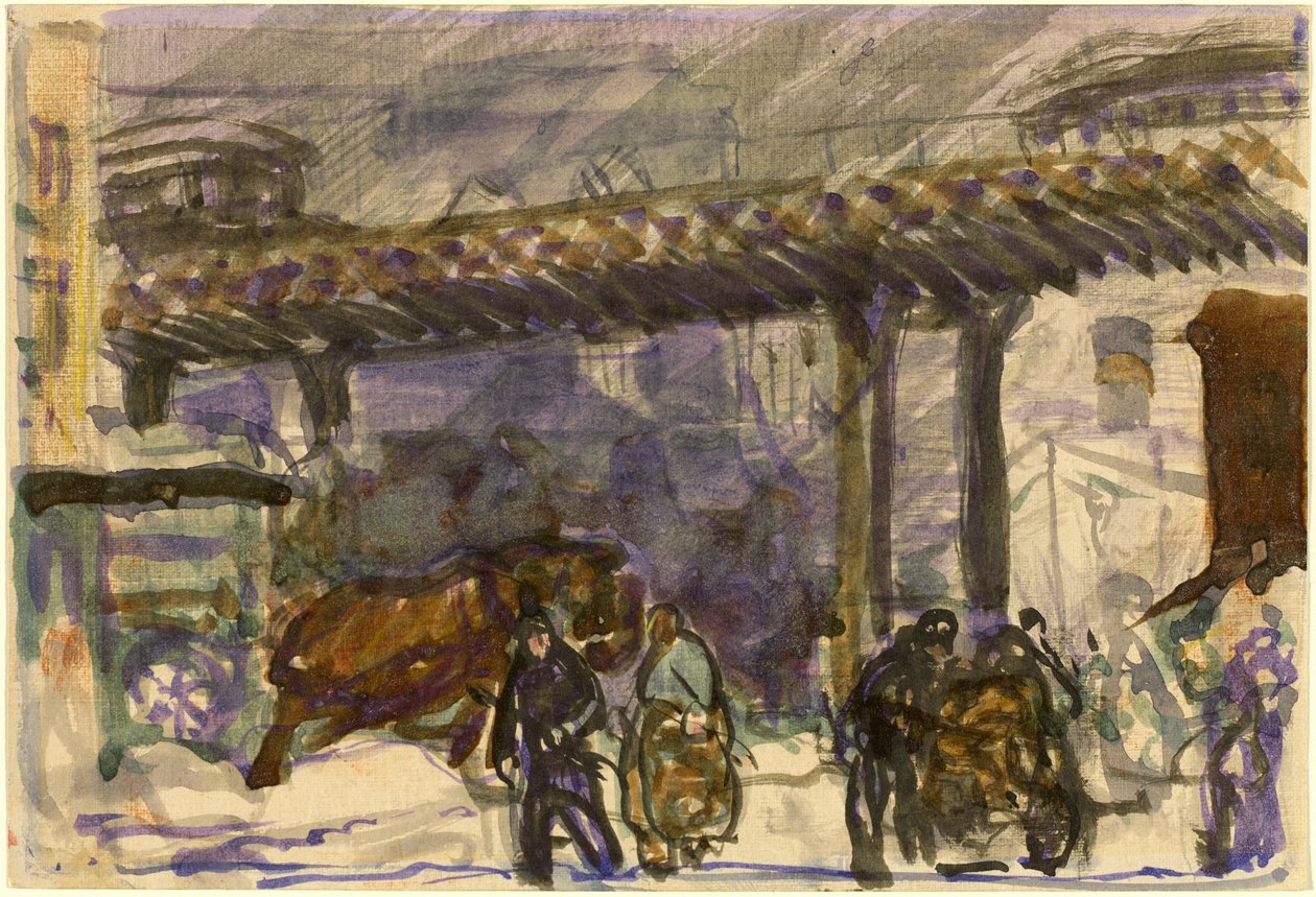 En vinterdag - Under the Elevated nära Brooklyn Bridge av George Bellows