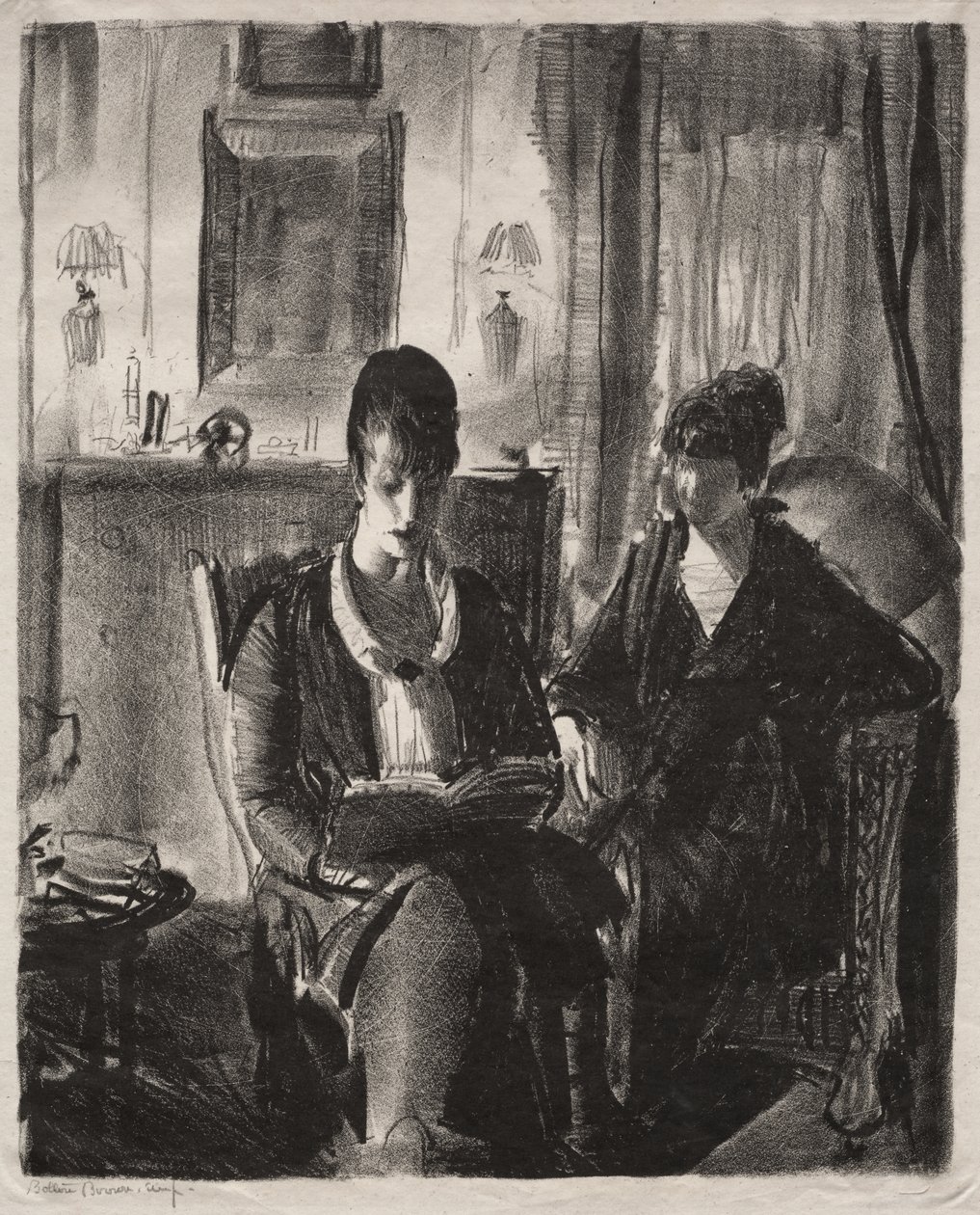 Elsie läser för Emma, första stenen av George Bellows