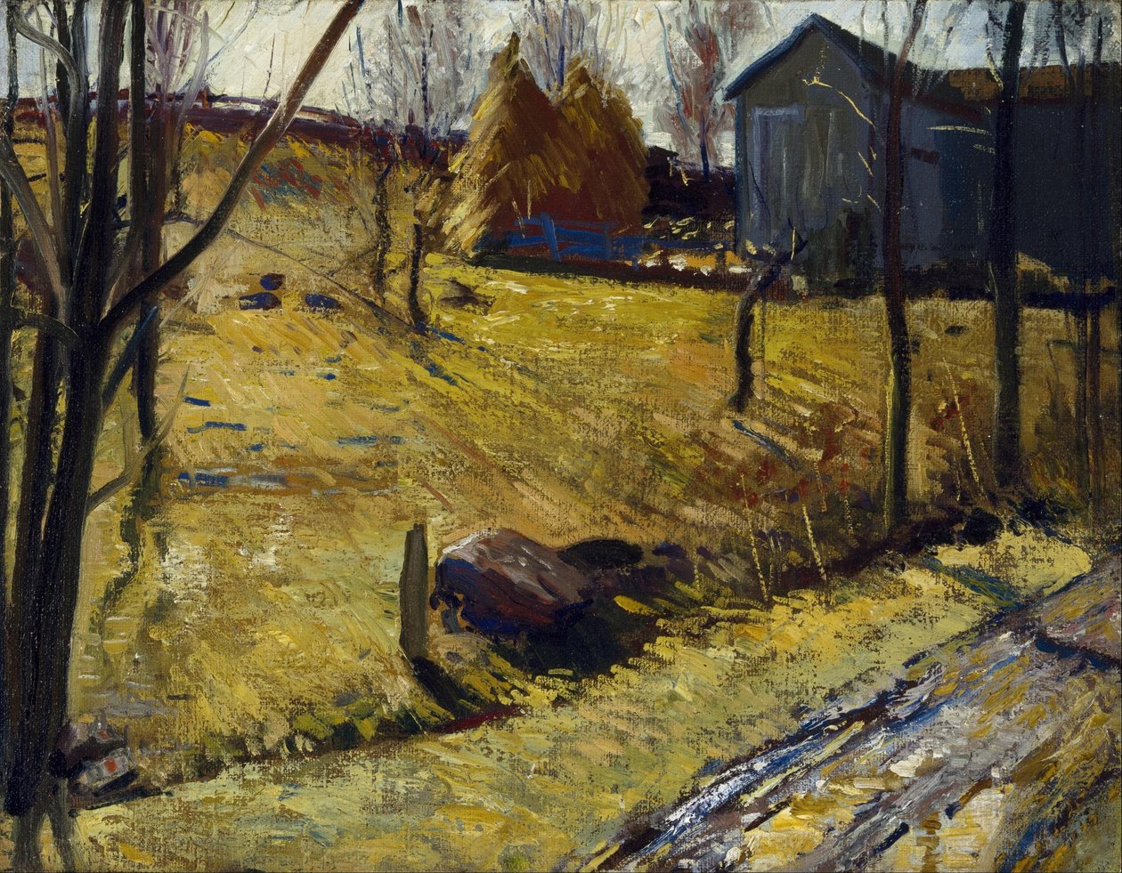 Höstackar och lada av George Bellows