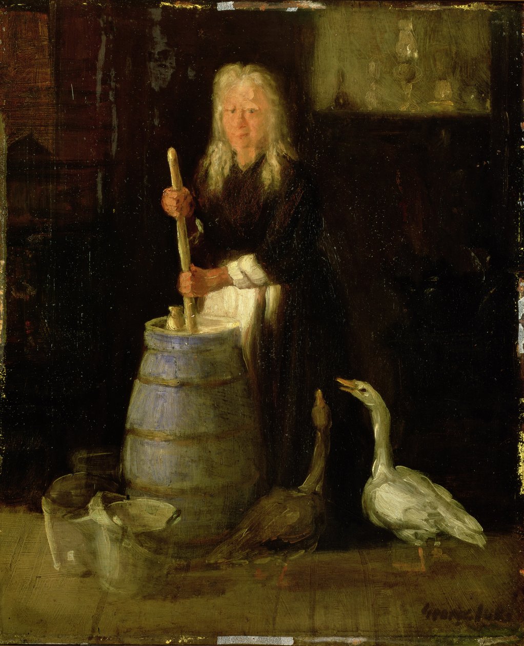 Kvinna som kärnar smör (olja på panel) av George Benjamin Luks