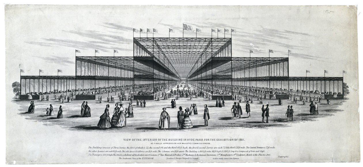 Vy över interiören i byggnaden i Hyde Park för utställningen 1851. Såsom slutligen godkänts av Her Majesty