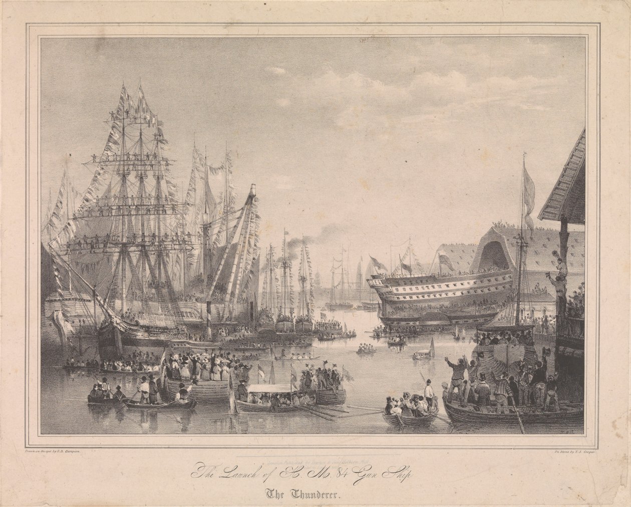 Sjösättningen av 84-kanonersfartyget HMS "Thunderer" vid Woolwich Dockyard av George Bryant (after) Campion