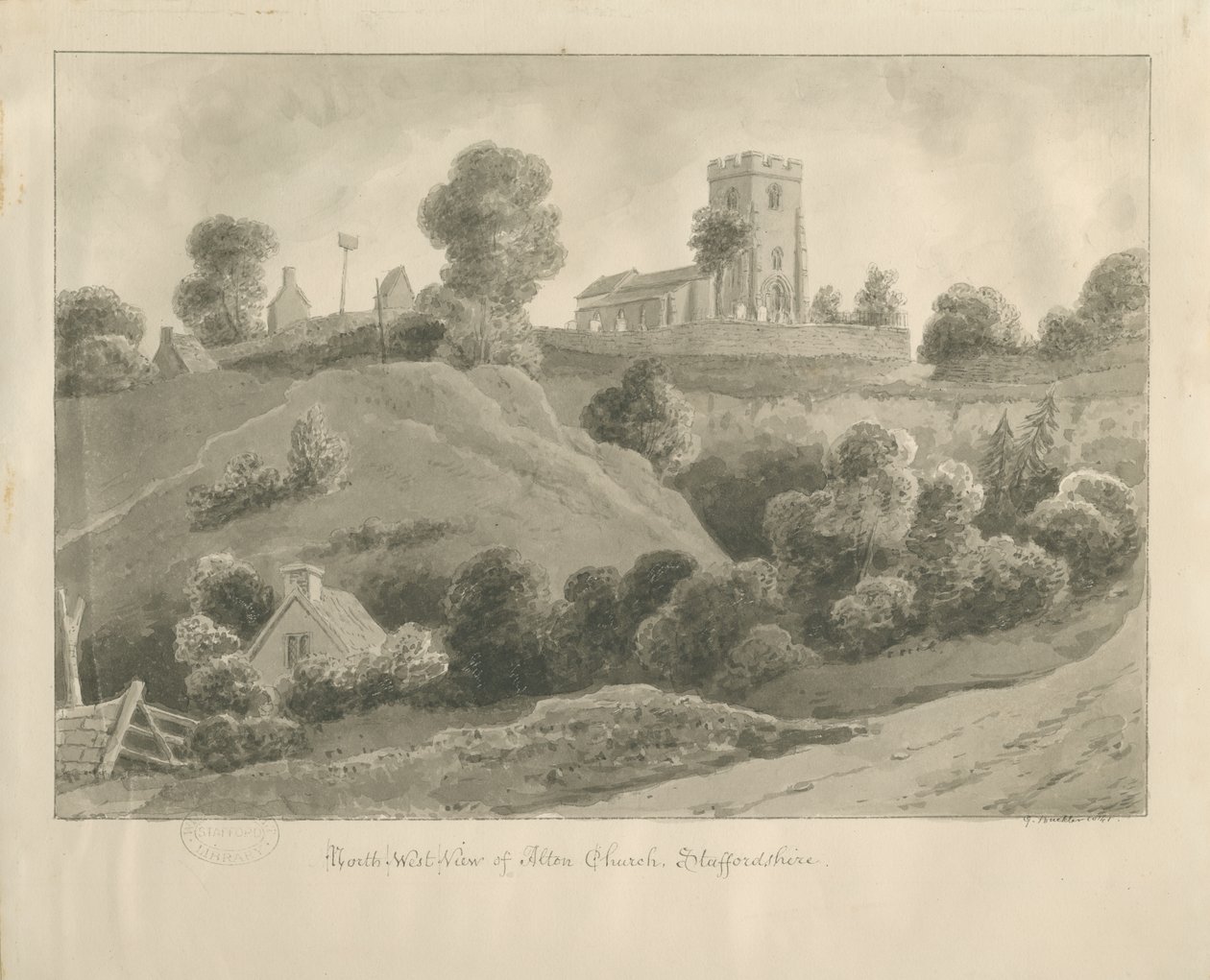 Alton Church: sepiateckning, 1841 av George Buckler