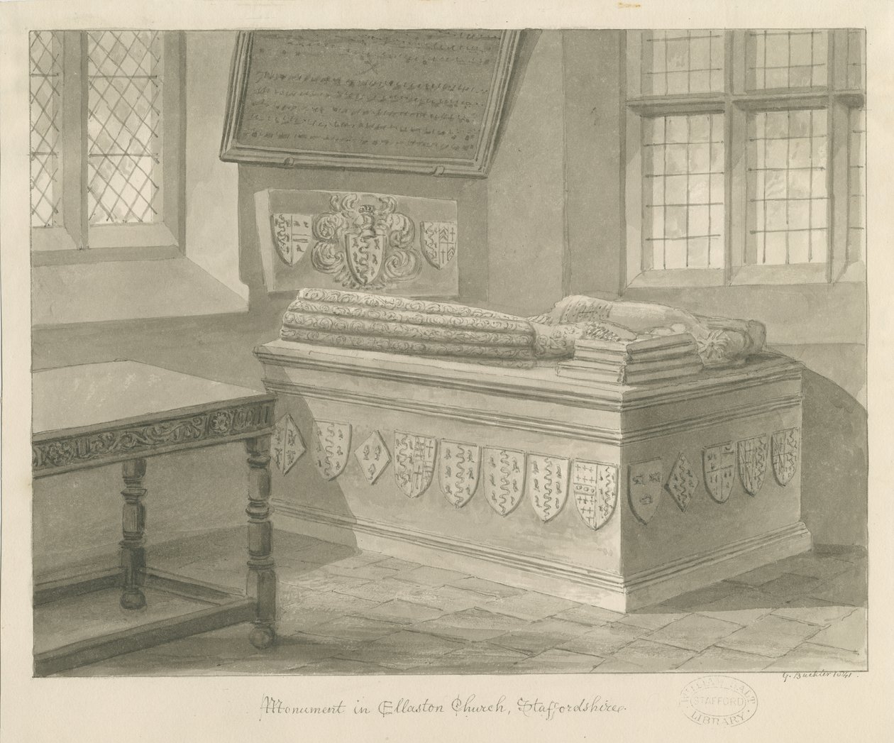 Ellastone Church - Monument till Sir John Fleetwood: sepiateckning, 1841 av George Buckler