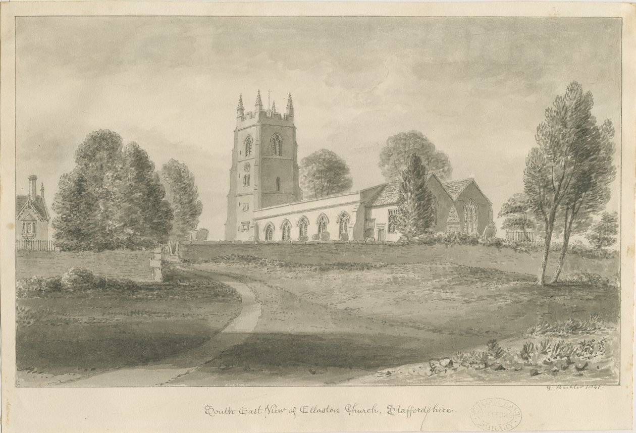 Ellastone Church: sepiateckning, 1841 av George Buckler