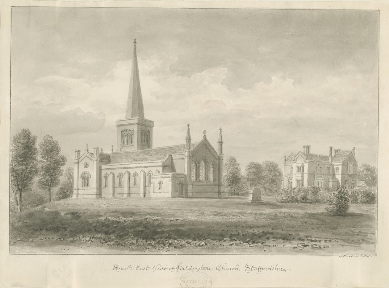Hilderstone Church: sepiateckning, 1841 av George Buckler