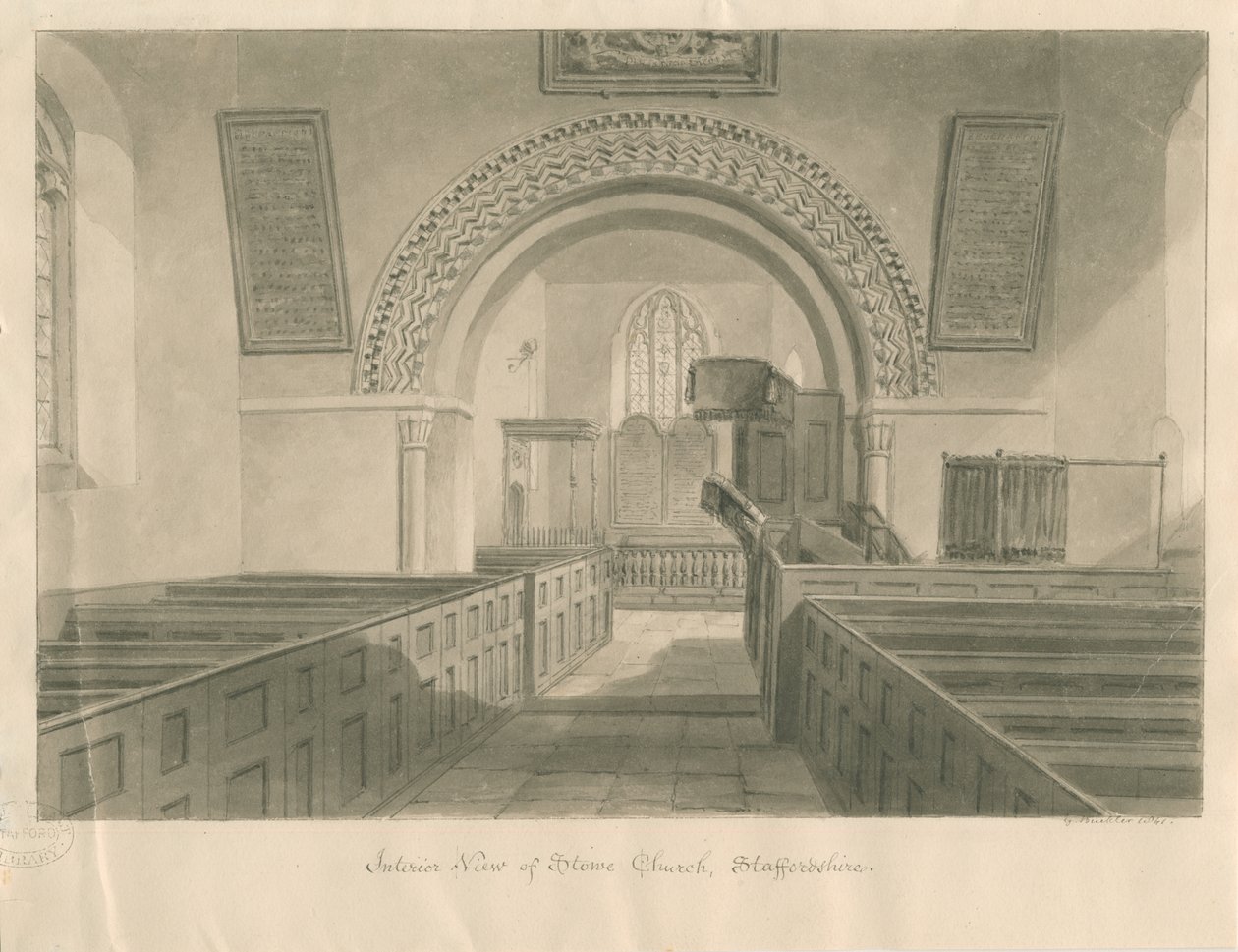 Interiör av Stowe Church: sepiatvätt ritning av George Buckler