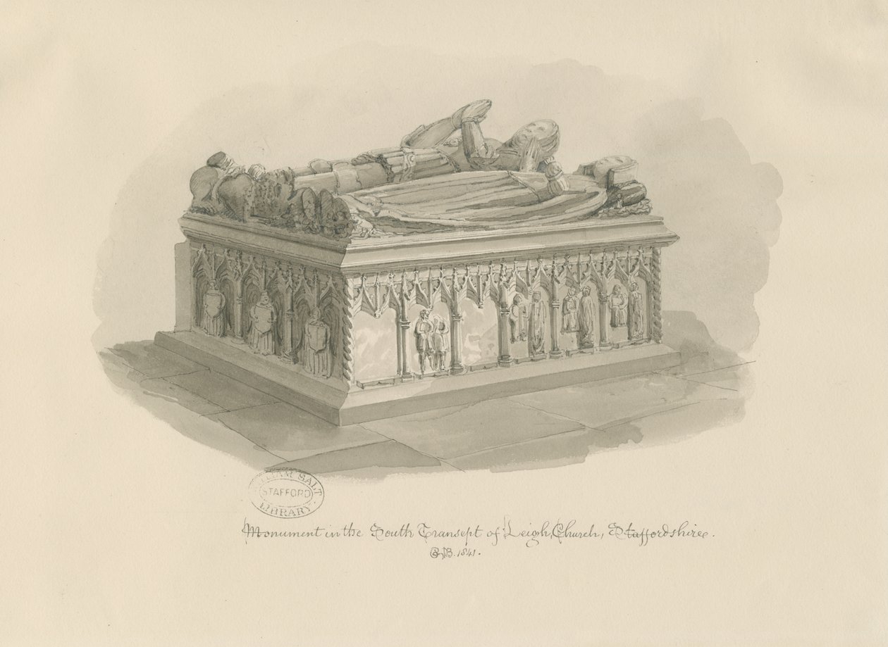 Leigh Church - Monument of Sir John Aston: sepiateckning, 1841 av George Buckler