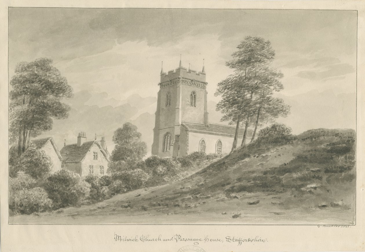 Milwich kyrka och prästgård: sepiatvättteckning av George Buckler