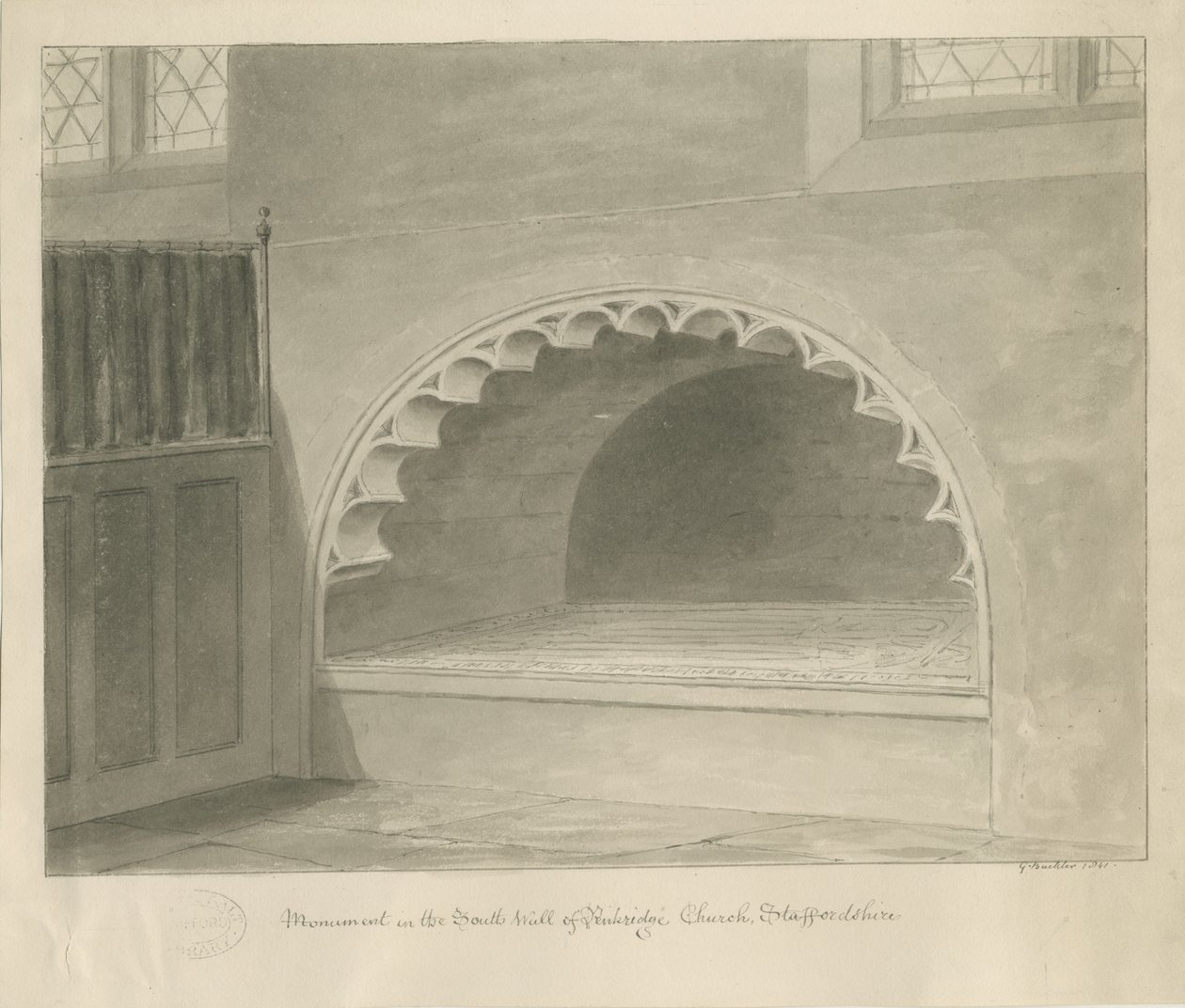 Penkridge Church - Monument i South Wall: sepiateckning, 1841 av George Buckler