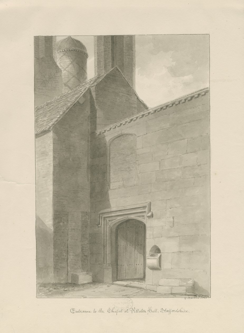 Pillaton Hall - Kapell Entré: sepia ritning av George Buckler