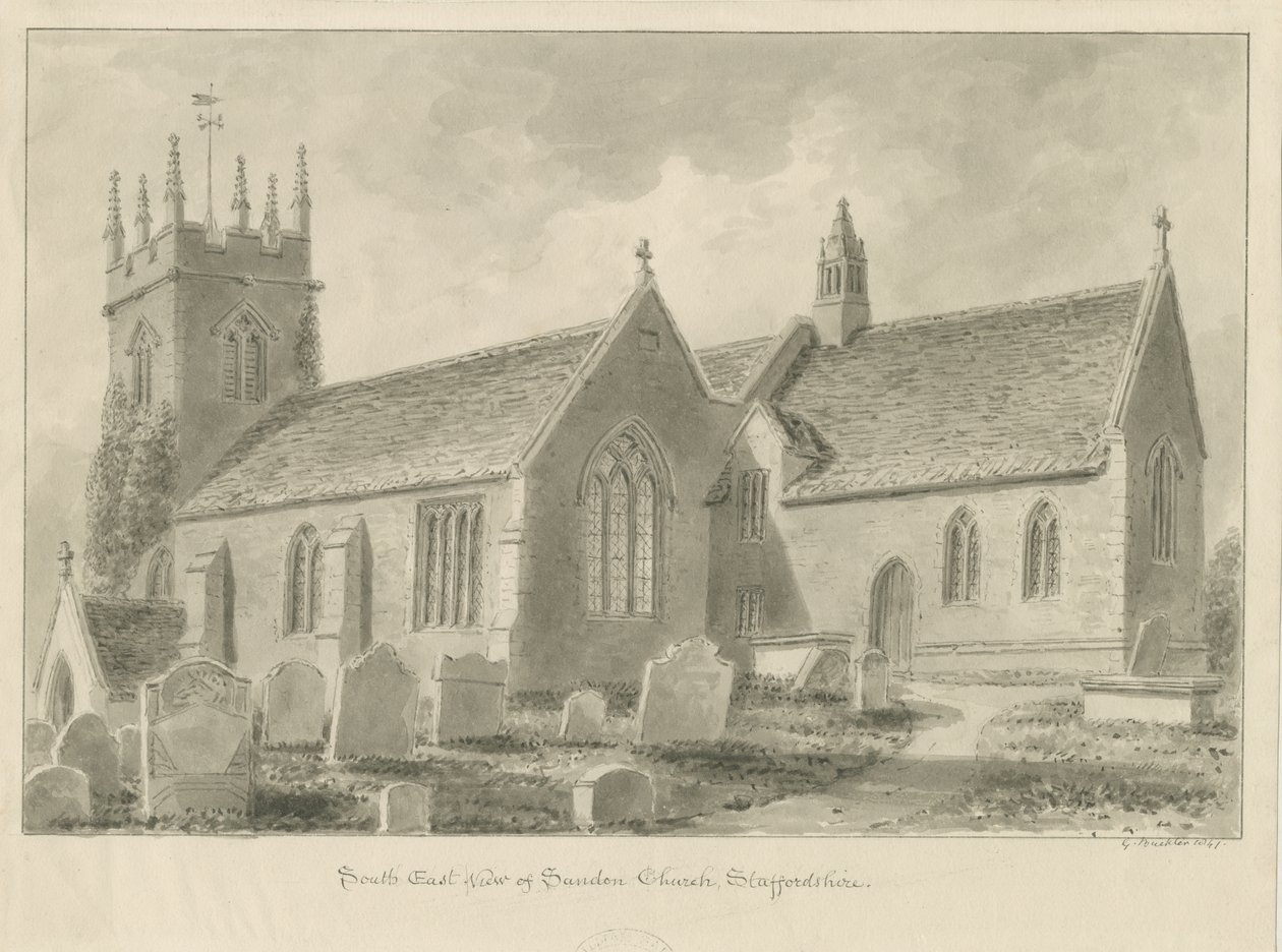 Sandon Church: sepiateckning, 1841 av George Buckler